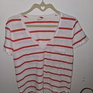 MADEWELL M White w/Red Stripes V-neck Shirt sleeve Tee. Breast Pocket. Cotton